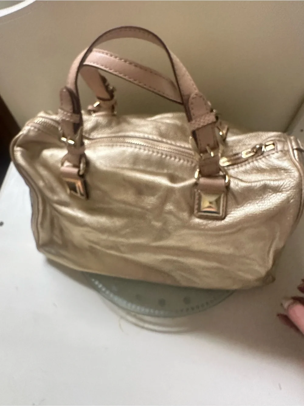 Michael Kors Gold Leather Satchel with Tan Handles and MK Charm